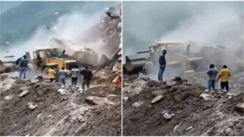 Rock Fall: The dozer came under the grip of a rock that suddenly fell from the mountain ... the operator saved his life by jumping ... see the dangerous VIDEO