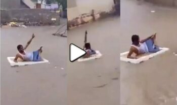 Fun in the Flood: This person enjoyed lying on the thermocol, submerged all around...see VIDEO