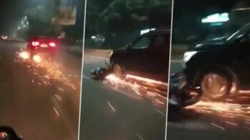 Havoc of Speed: Heart-wrenching sight... bike stuck in car... dragged 10 kilometers in the same condition... sparks kept coming out... see VIDEO