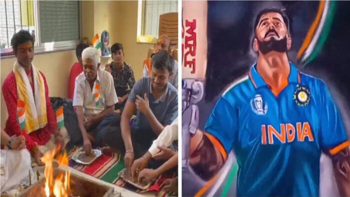 IND vs AUS Final: Final match of World Cup between India and Australia, Yagya is being organized at various places for the victory of Team India, Artist from Raipur made Rangoli of Virat Kohli.