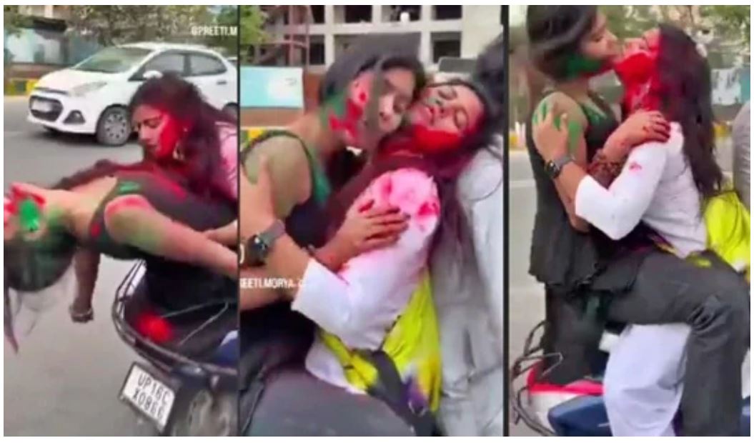 Holi Hubbub: Hubbub on Holi...! Girl doing stunts while standing on a moving scooter...Police issued a challan of Rs 33 thousand...see VIDEO