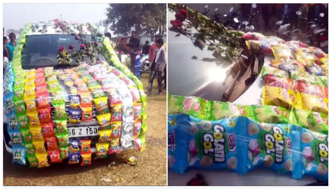 Instagram Share: The wedding procession's 'car' was decorated with packets of chips, not flowers...! watch video