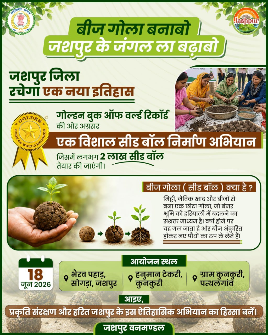 Jashpur : ‘बीज गोला बनाबो-जशपुर के जंगल ला बढ़ाबो” महाअभियान की शुरुआत, जशपुर में हरियाली का नया इतिहास – 18 जून को बनेगा 2 लाख सीड बॉल का रिकॉर्ड