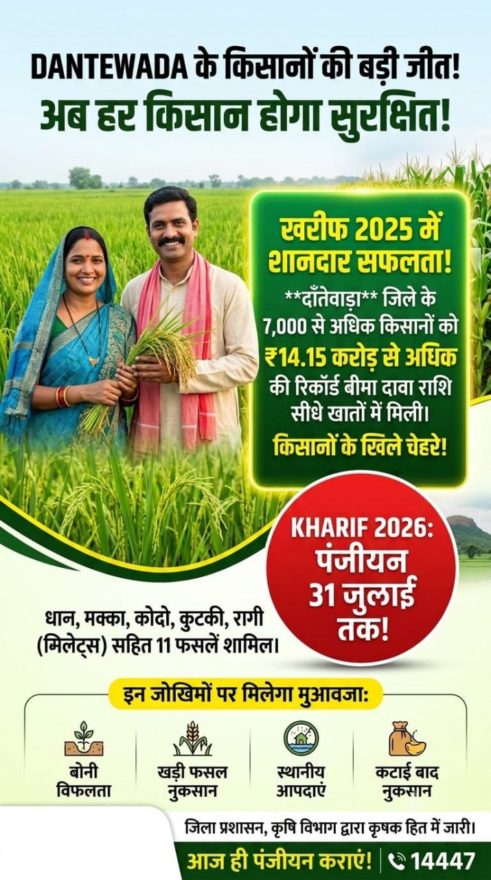 PMFBY : प्रधानमंत्री फसल बीमा योजना बनी दंतेवाड़ा के किसानों का सुरक्षा कवच, खरीफ 2025 में 7 हजार से अधिक किसानों को मिला 14.15 करोड़ रुपये का बीमा लाभ, बढ़ा किसानों का आत्मविश्वास